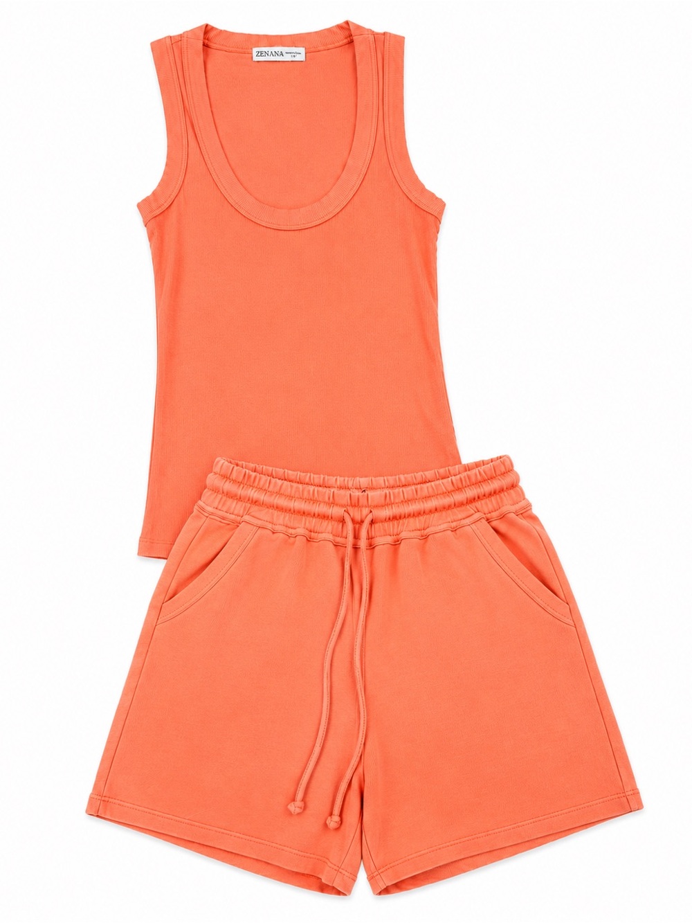 Zenana Coral Tank and acid washed Drawstring Shorts Set
